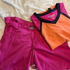 Grey’s Anatomy Scrub set in hot pink, coral, and gray